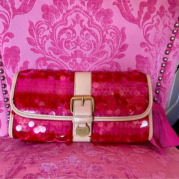 Juicy Couture Handbags - Juicy Couture Clutch Purse Pink Red Sequins Glitter Straw Leather Cowhide P&G